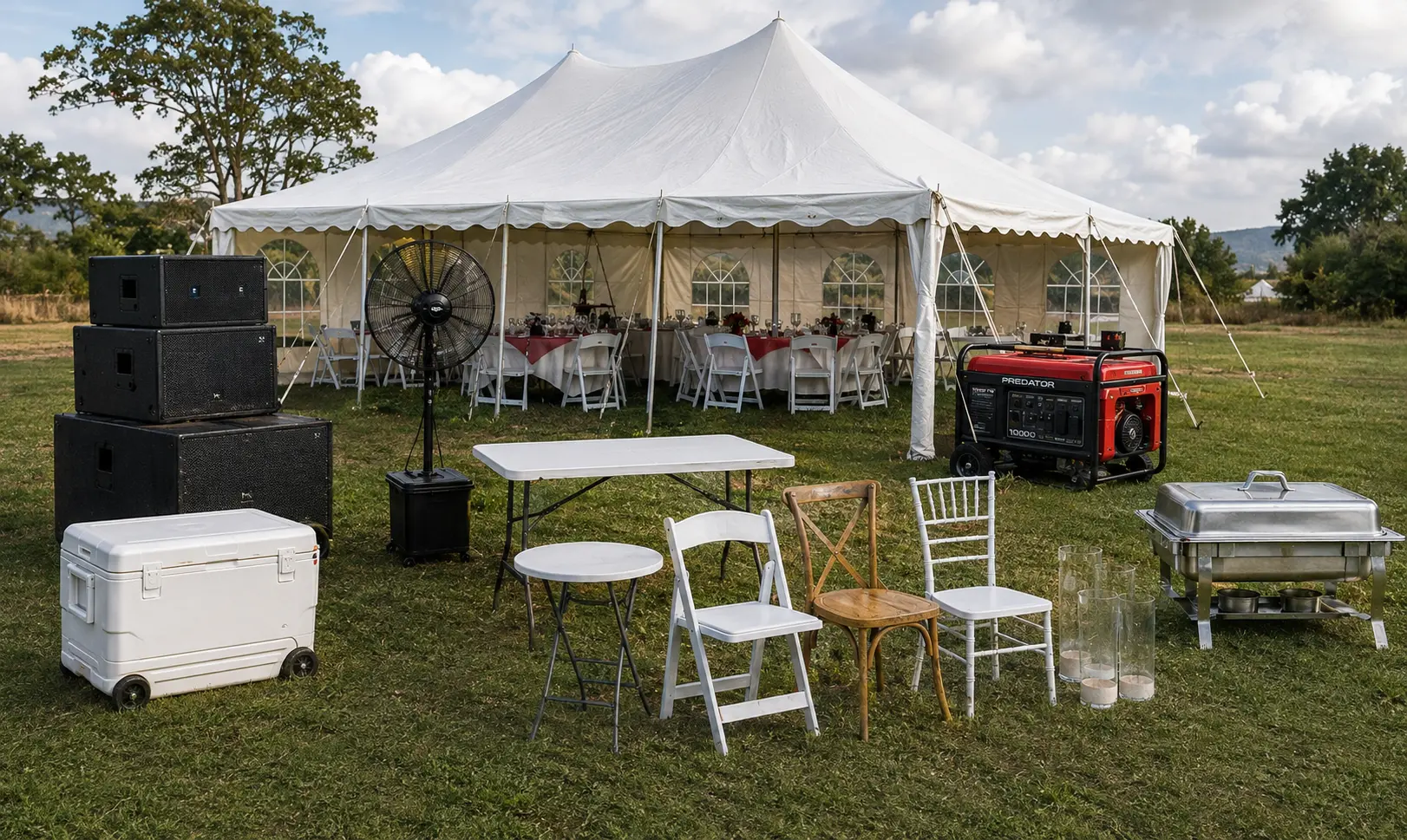 Event tent, chairs, speakers and generator