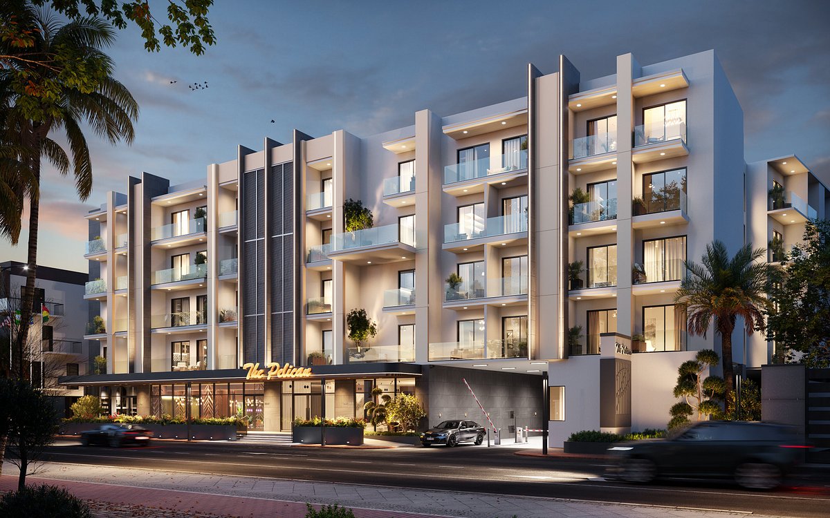 Modern hotel building at dusk