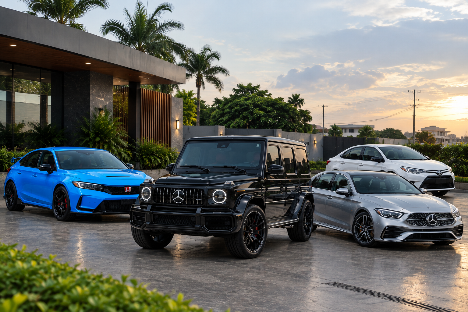 Luxury cars parked outside a modern villa